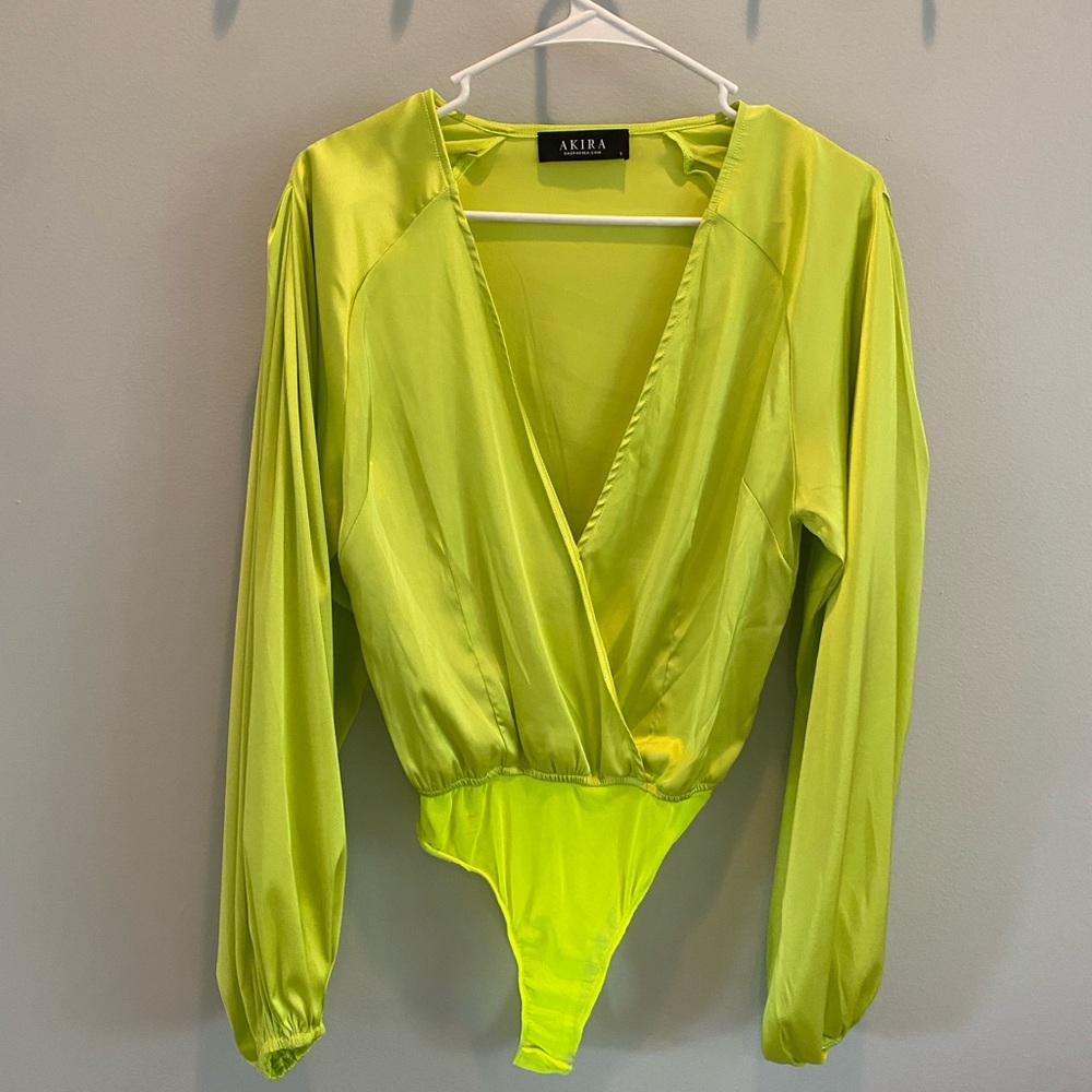 Silk Deep V Neon Green Bodysuit by Akira